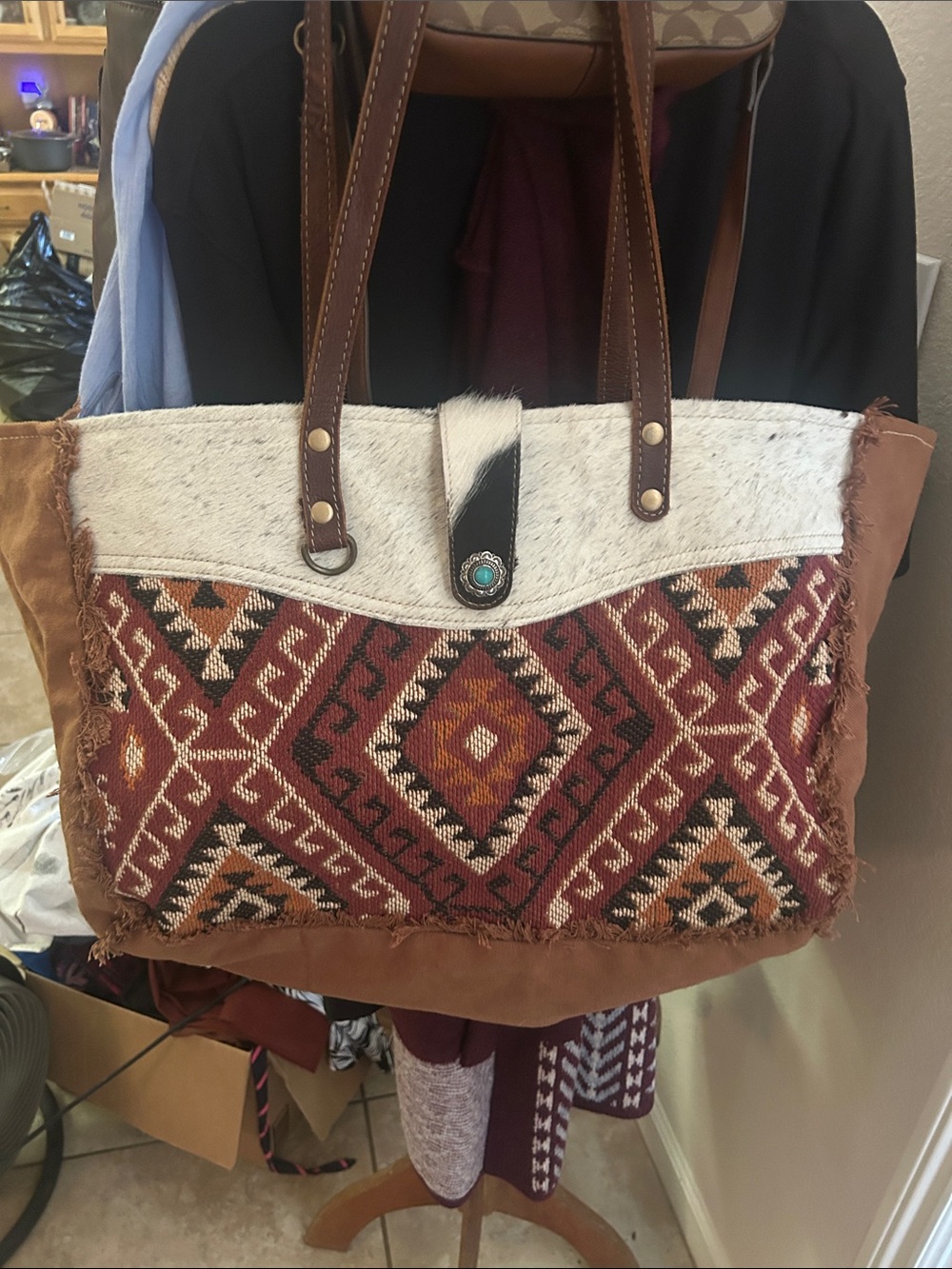 Myra Bag Brown & Red Southwestern Tote with Turquoise Accent Overnight Bag